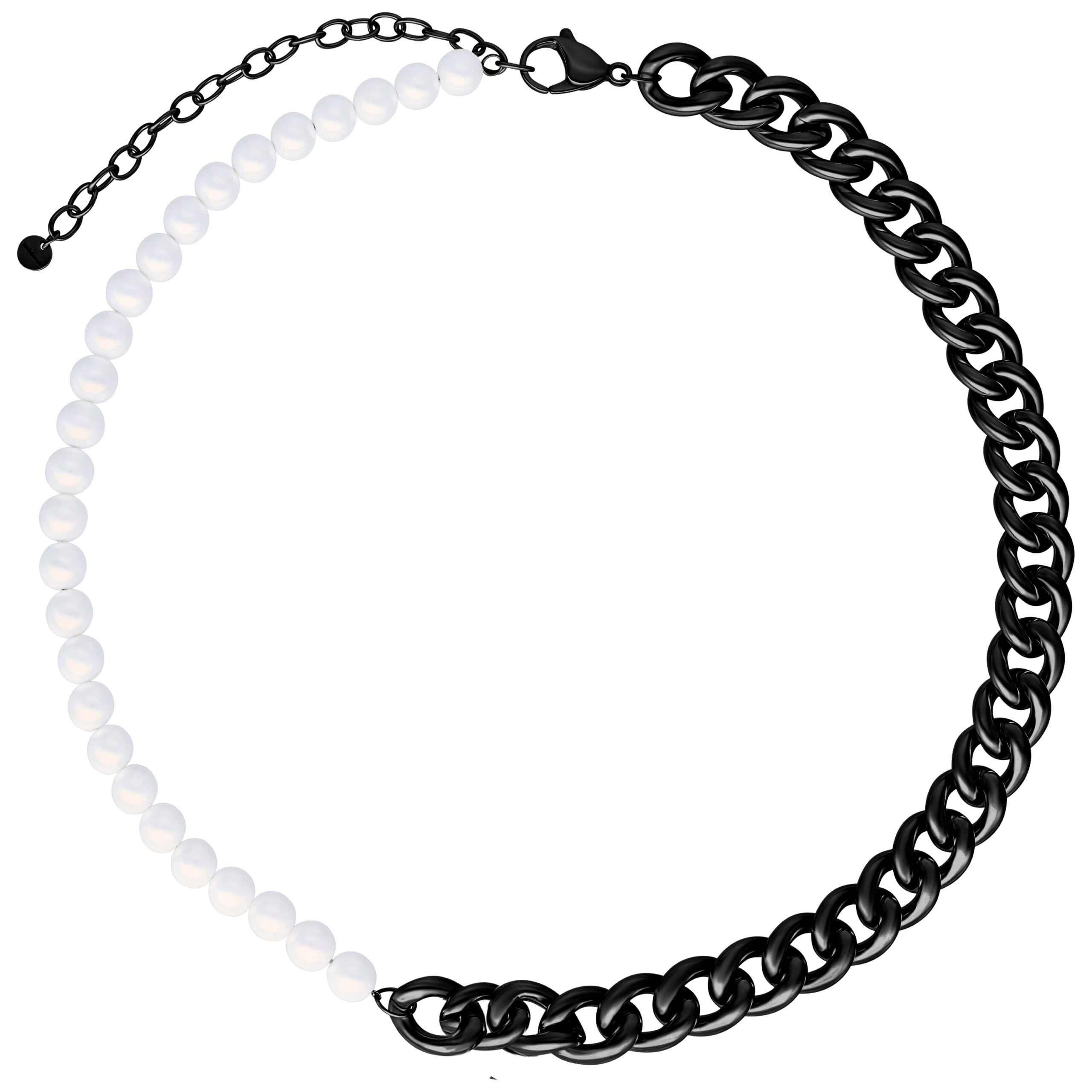 Chunky Pearl collana con maglie di metallo nero e perle bianche su sfondo bianco