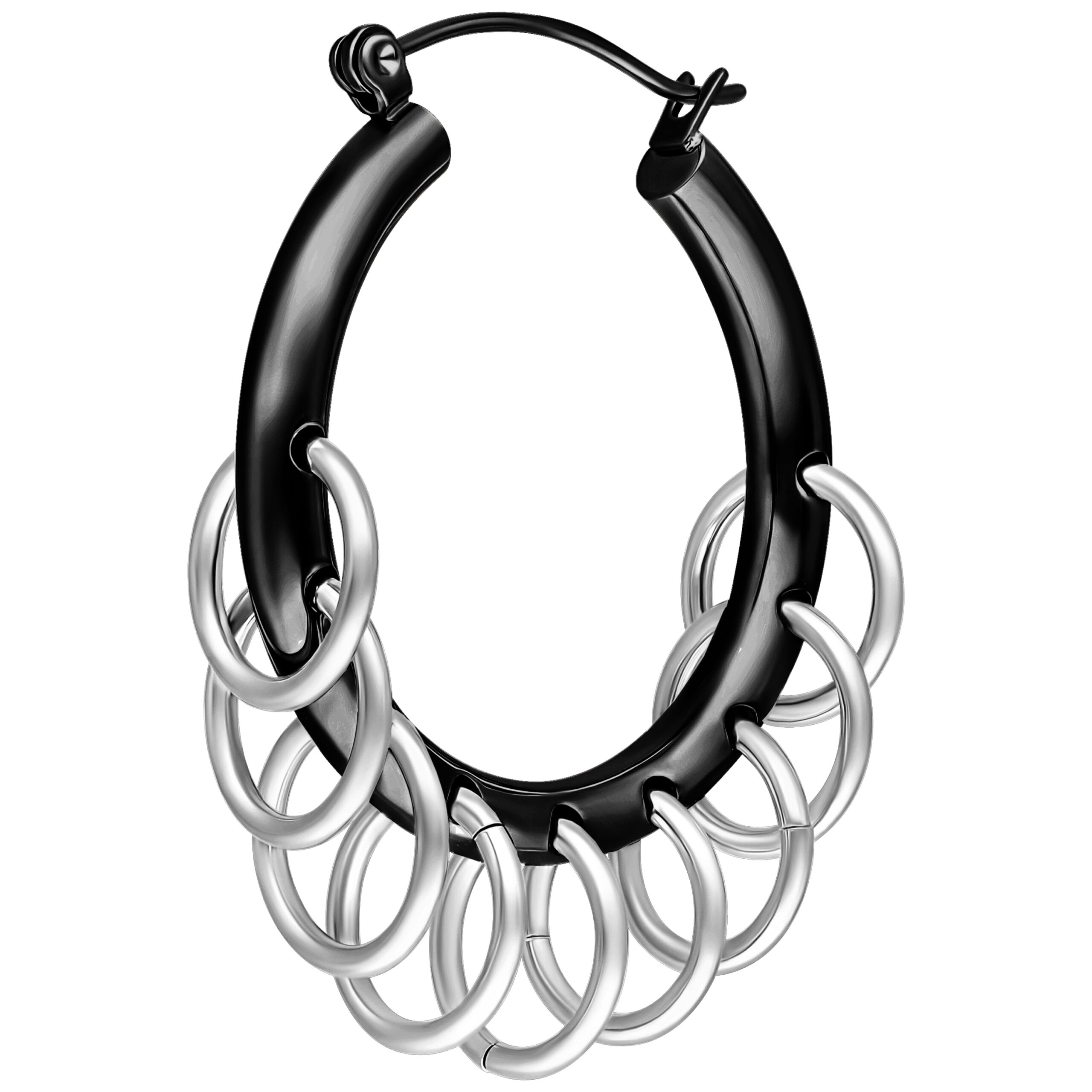 Orecchini a cerchio neri in acciaio chirurgico con anelli argentati, chiusura a scatto