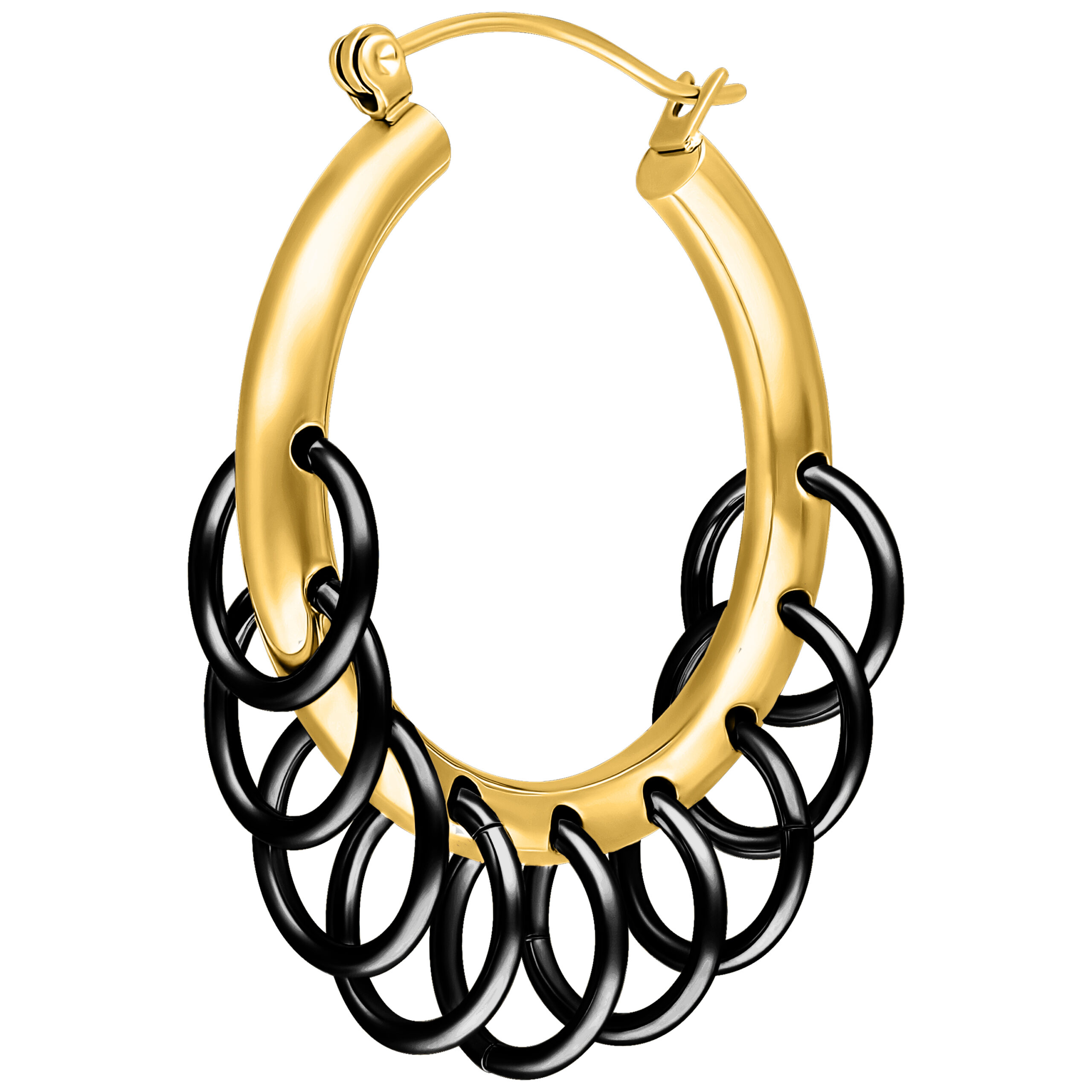Goldene Kreolen mit schwarzen Ringen Goldene Hoops mit mehreren schwarzen Ringen auf weißem Hintergrund