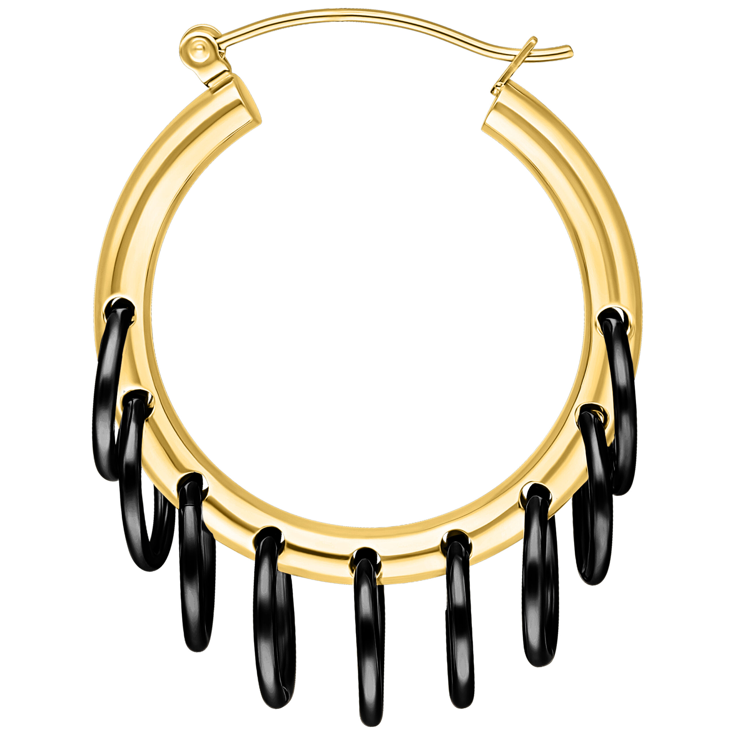 Goldene Creolen mit schwarzen Anhängern Goldene Creole mit mehreren schwarzen Ringen auf weißem Hintergrund