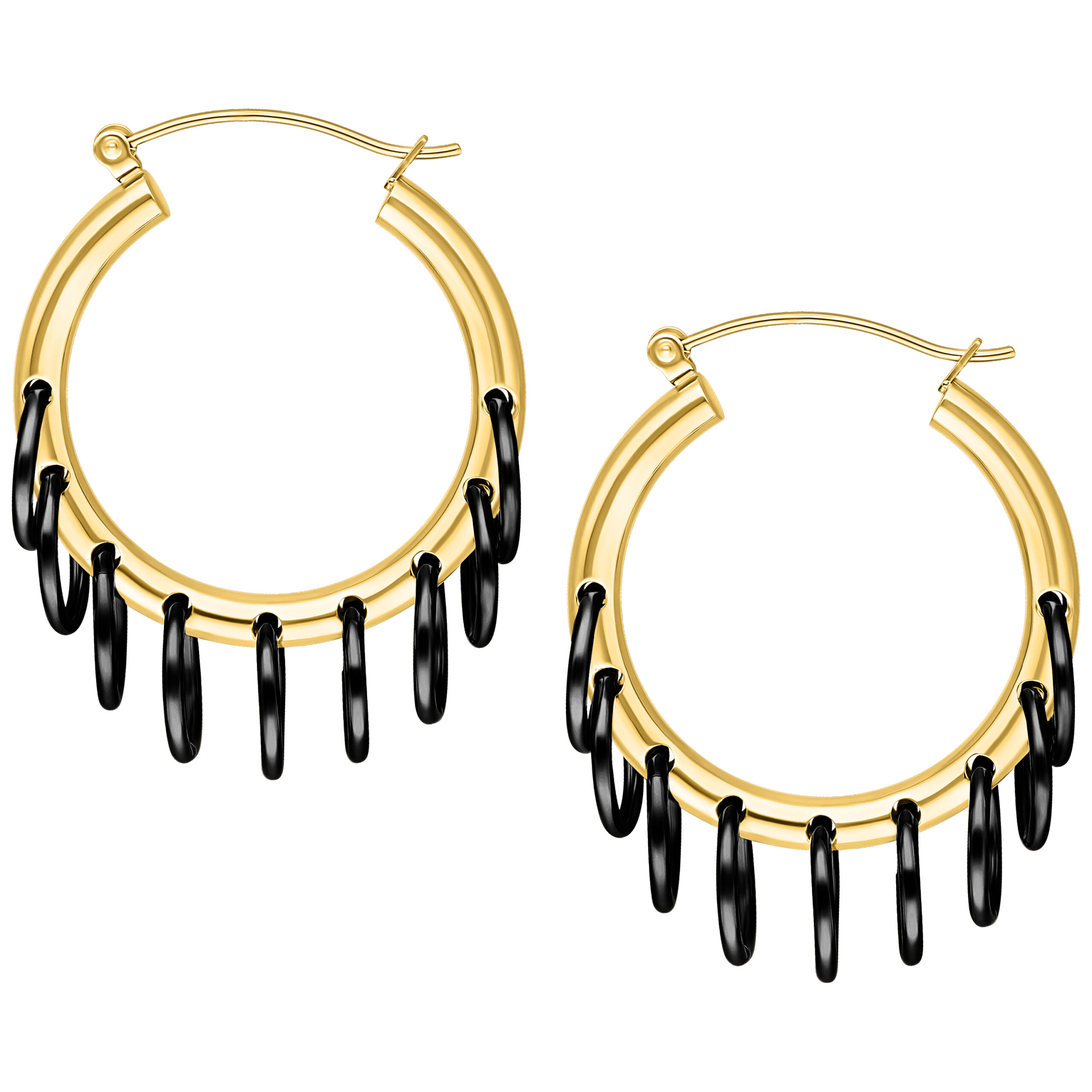 Goldene Kreolen mit schwarzen Ringen Goldene Ohrringe mit mehreren schwarzen Ringen auf weißem Hintergrund