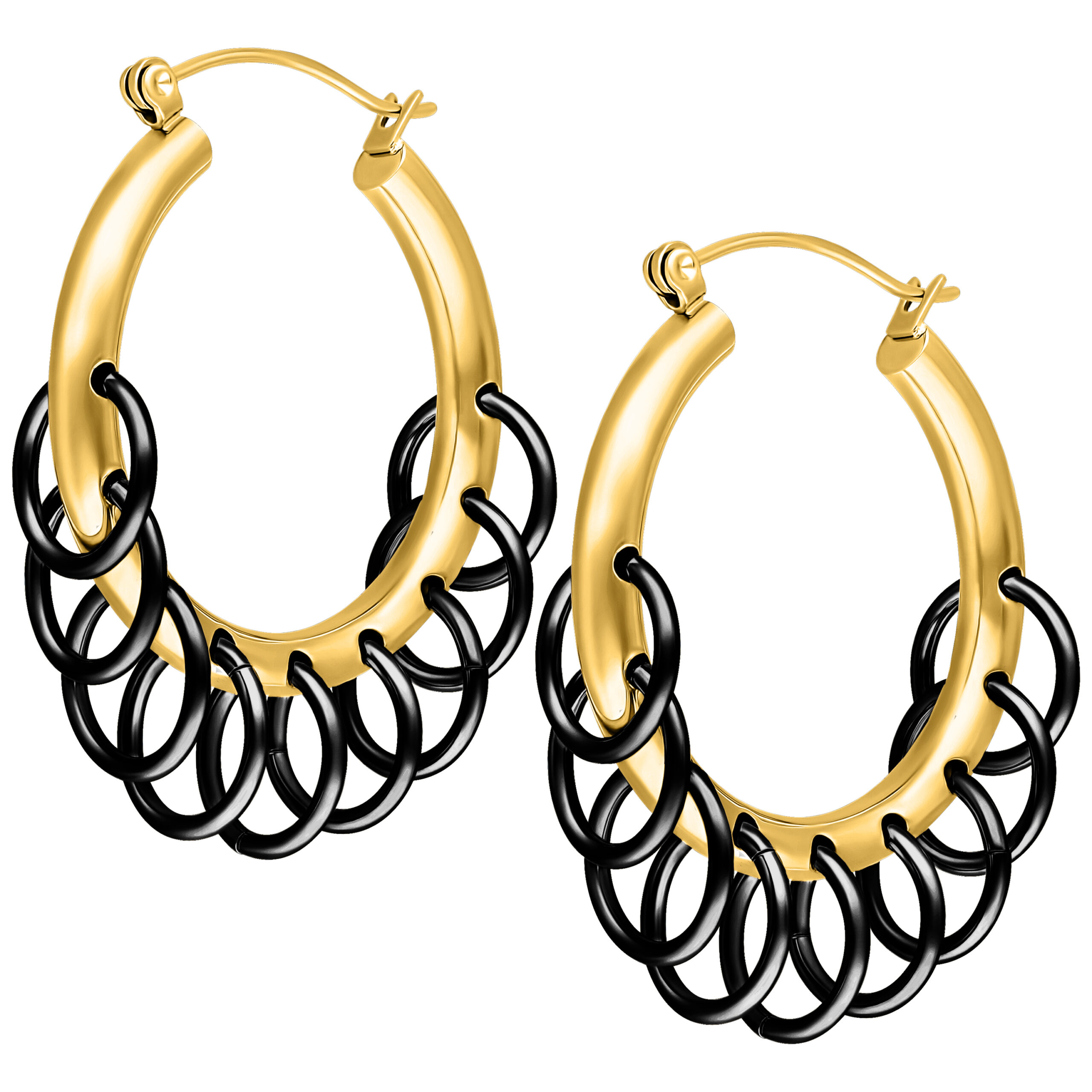 Goldene Creolen mit schwarzen Ringen Goldene Creolen aus Chirurgenstahl mit schwarzen Ringen auf weißem Hintergrund