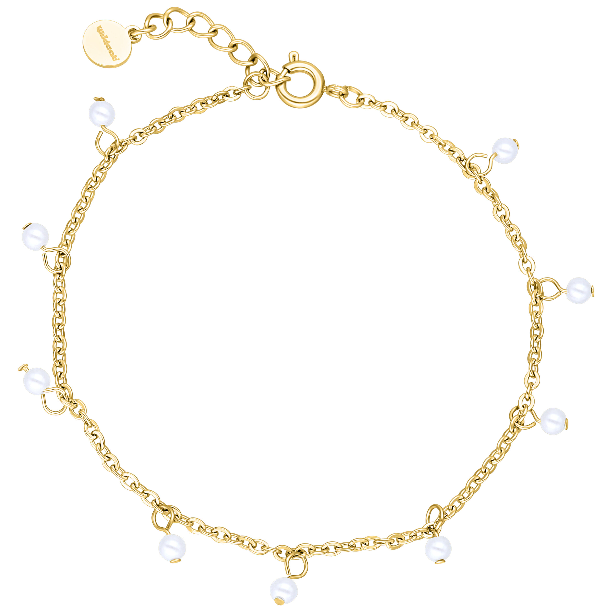 Goldenes Little Pearl Armband mit Perlen Goldenes Armband aus Chirurgenstahl mit kleinen Perlen auf weißem Hintergrund