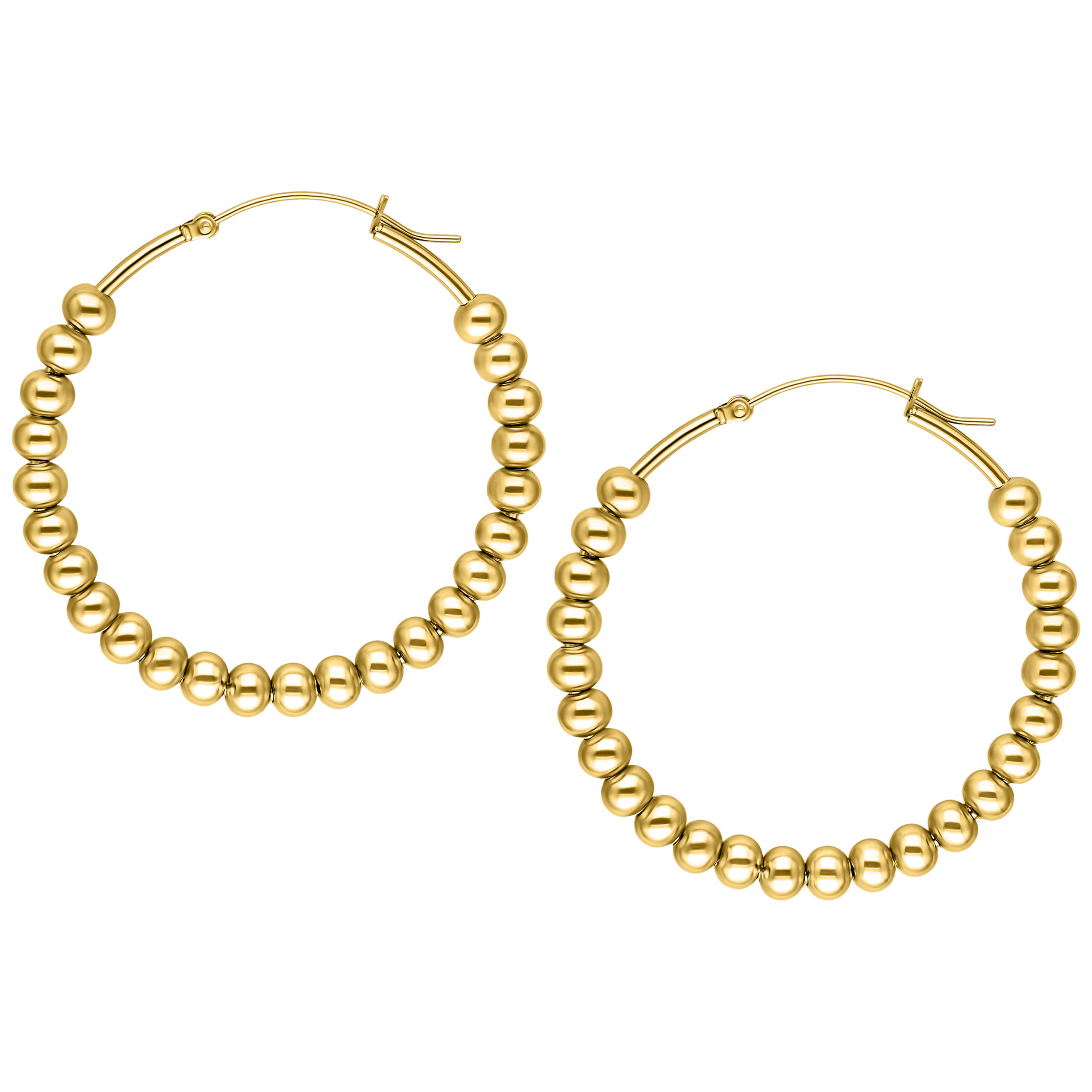 Goldene Bubble Hoops Ohrringe im Set Zwei goldene Bubble Hoops Ohrringe aus Chirurgenstahl auf weißem Hintergrund