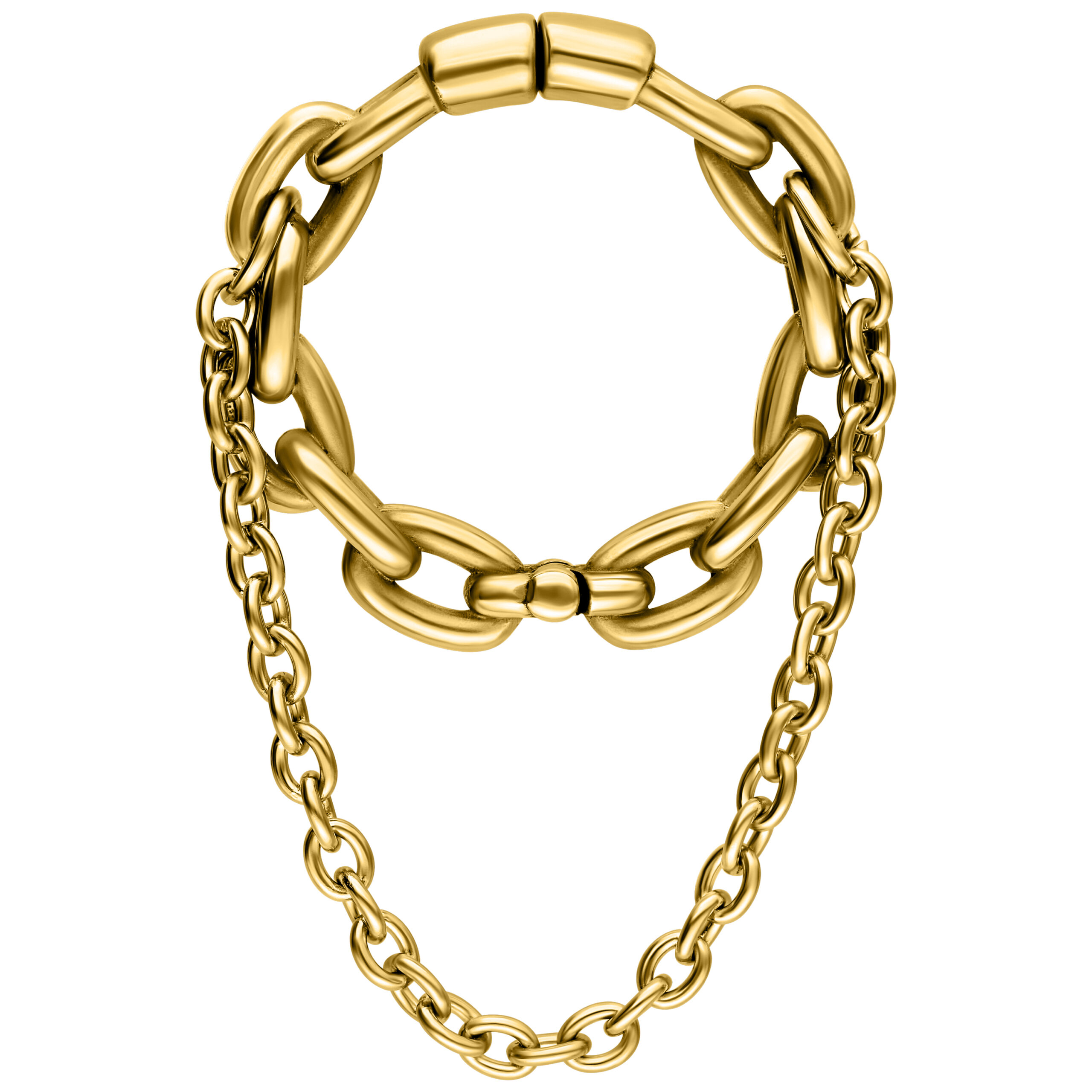 Goldene Ohrgewichte mit doppelter Kette, auf weißem Hintergrund