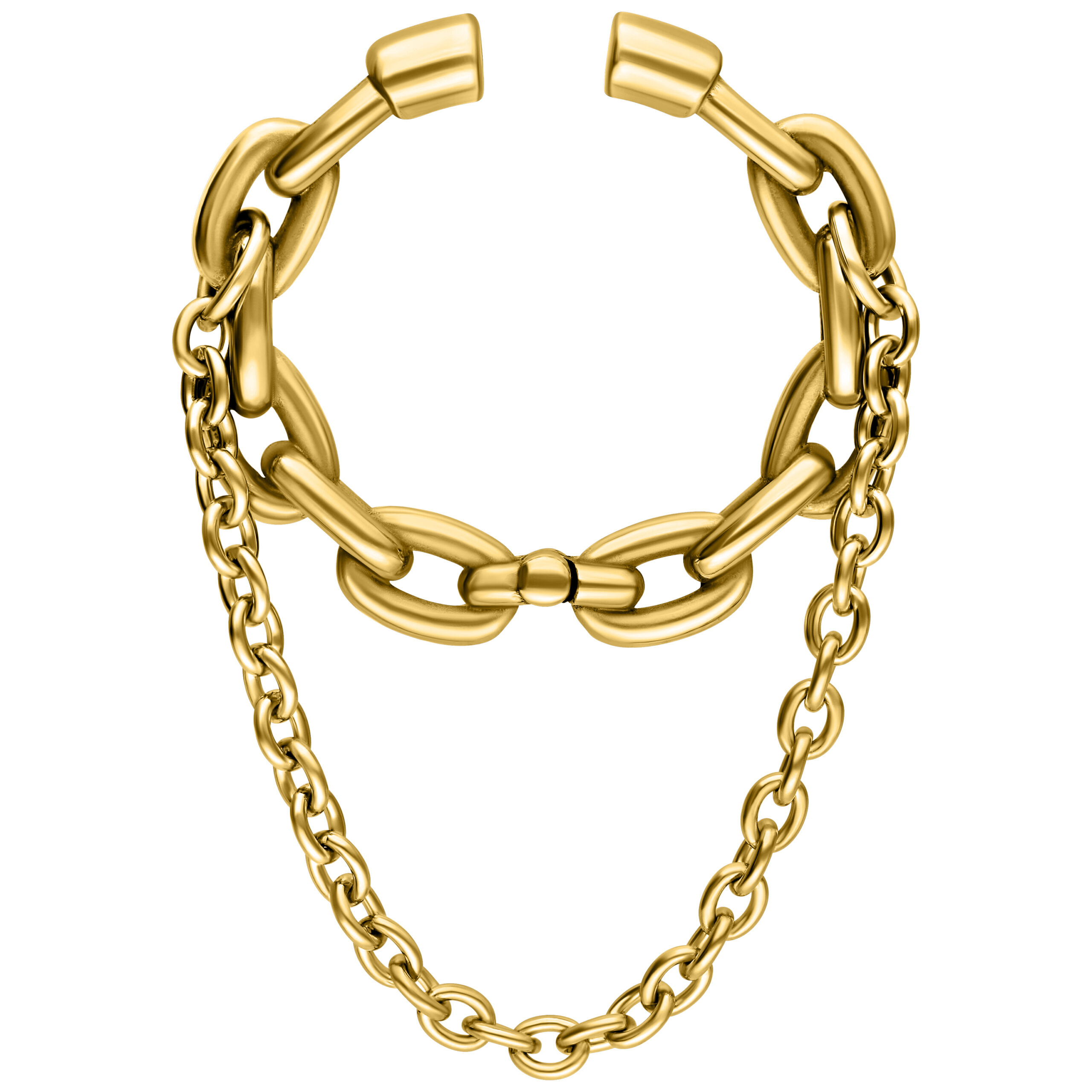 Goldene Ohrgewichte aus Chirurgenstahl 316L vor weißem Hintergrund