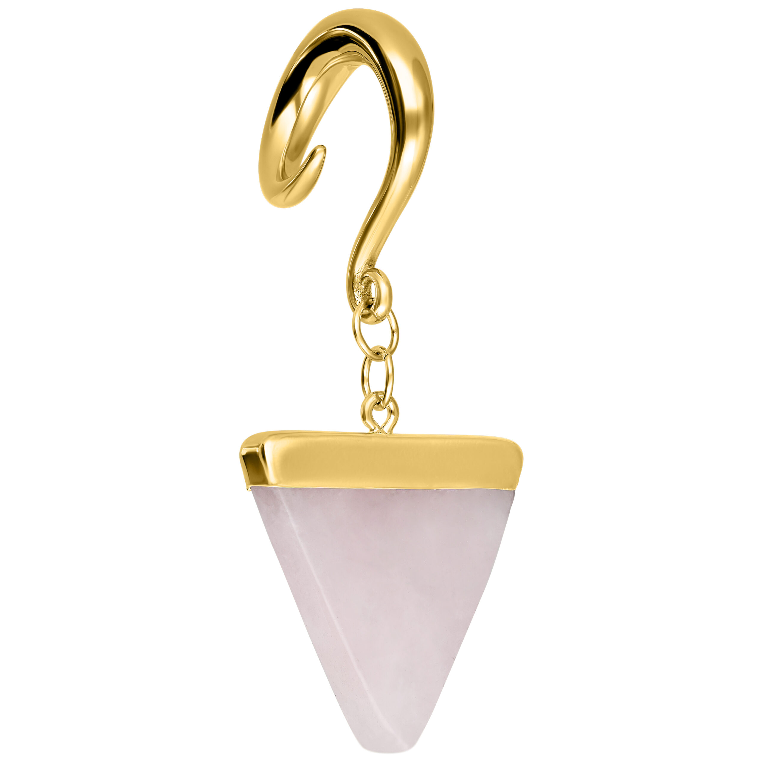 Goldene Rose Triangle Ohrgewichte von Wildcat Goldenes Ohrgewicht in Dreiecksform mit Haken auf weißem Hintergrund