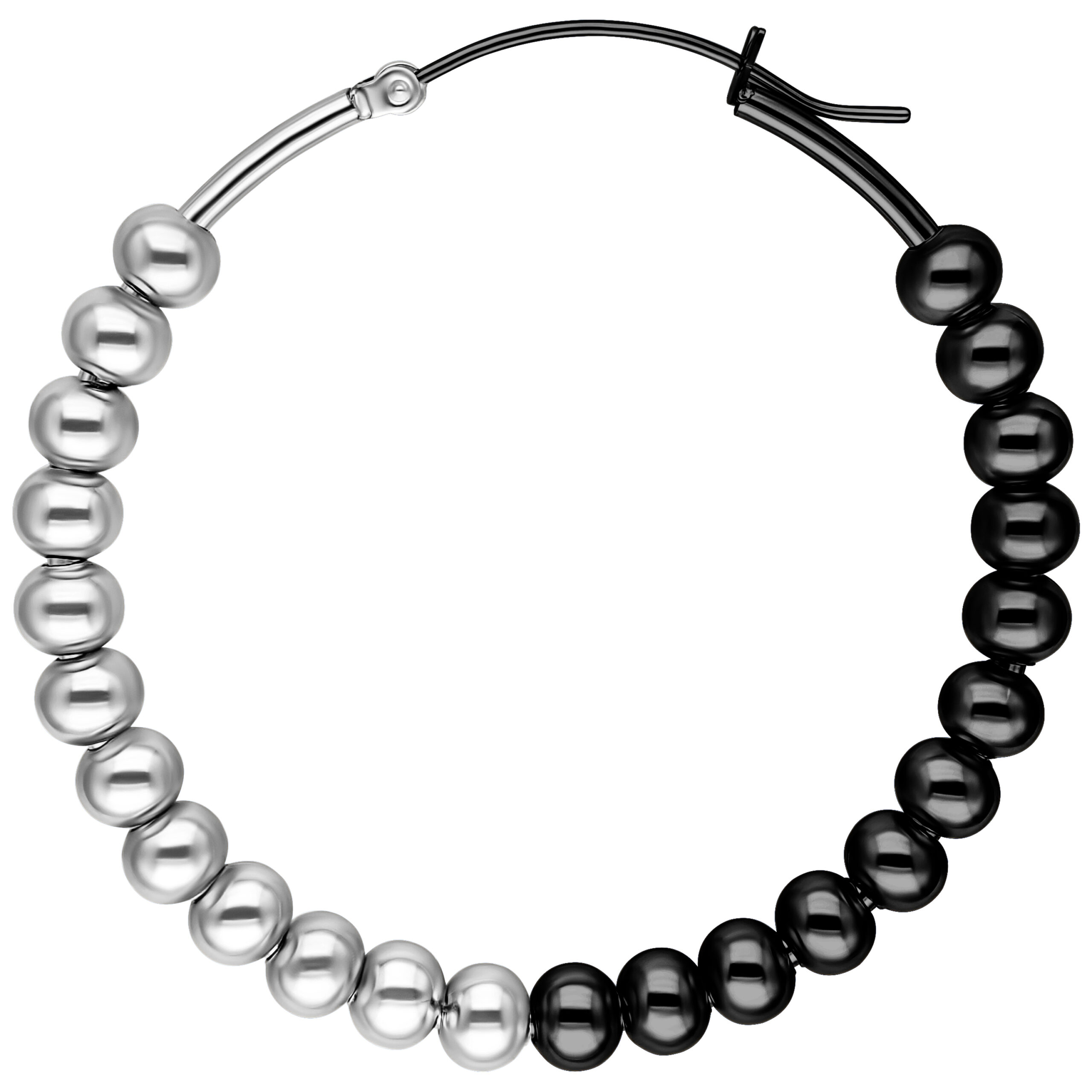 Silberne und schwarze Bubble Hoops Ohrringe auf weißem Hintergrund