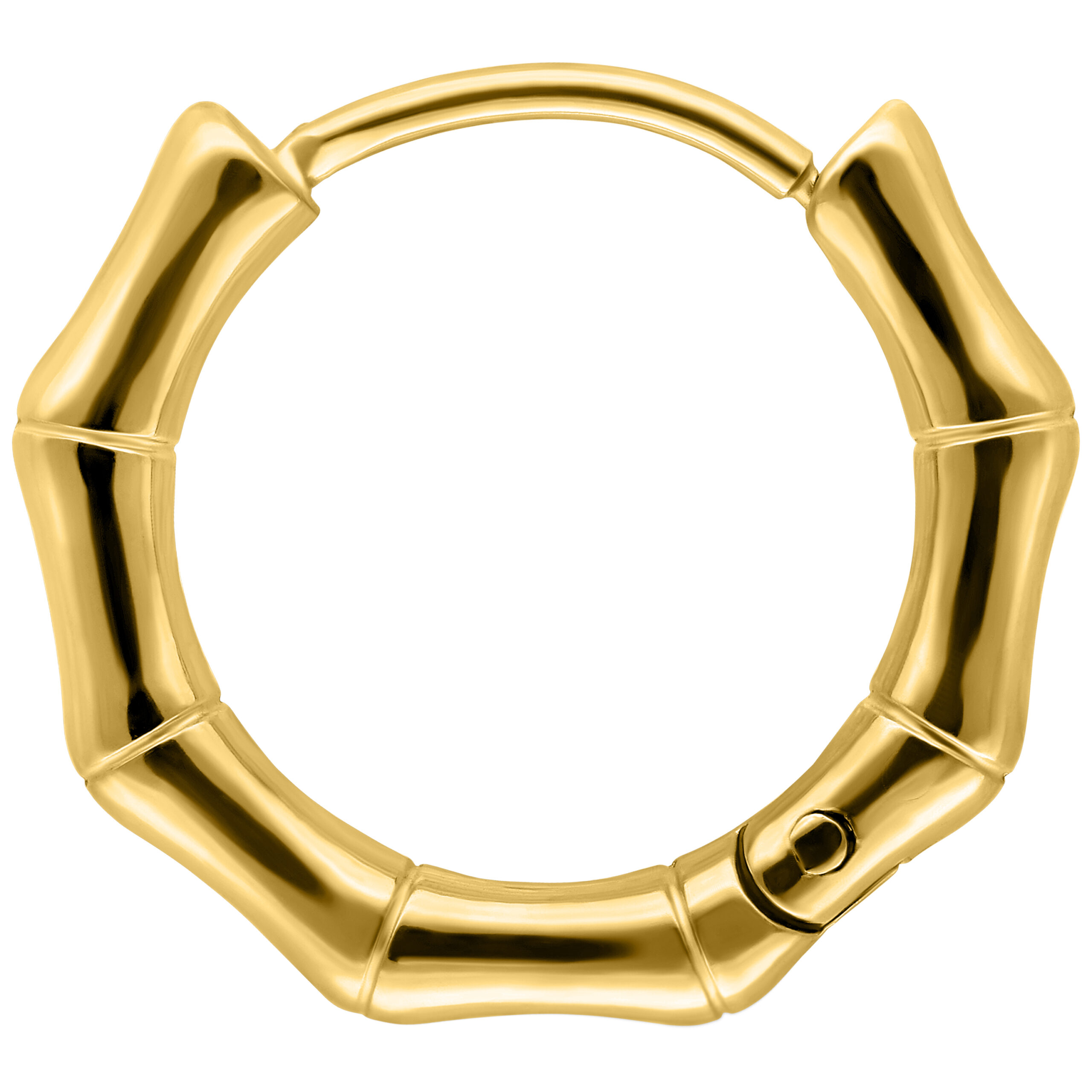 Goldener Ohrring im Bambus-Design mit Klappverschluss auf weißem Hintergrund