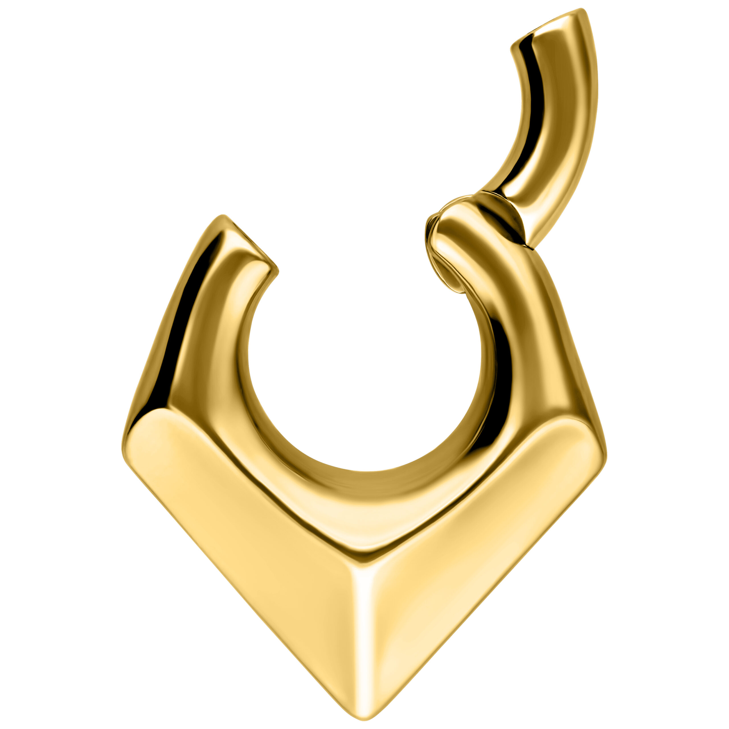Glänzendes, goldfarbenes dreieckiges Ohrgewicht auf weißem Hintergrund