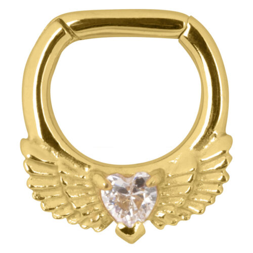 Goldener Septum Clicker mit Flügeln und kristallklarem Herz auf weißem Hintergrund