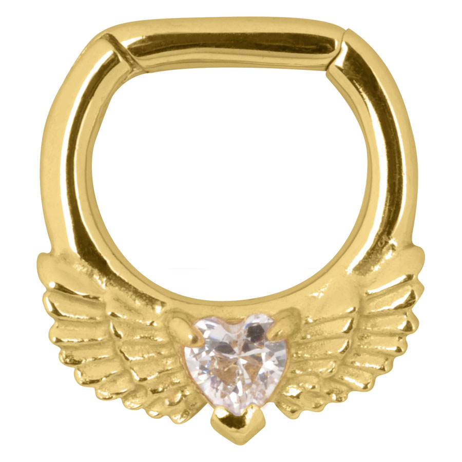 Goldener Septum Clicker mit Flügeln und kristallklarem Herz auf weißem Hintergrund