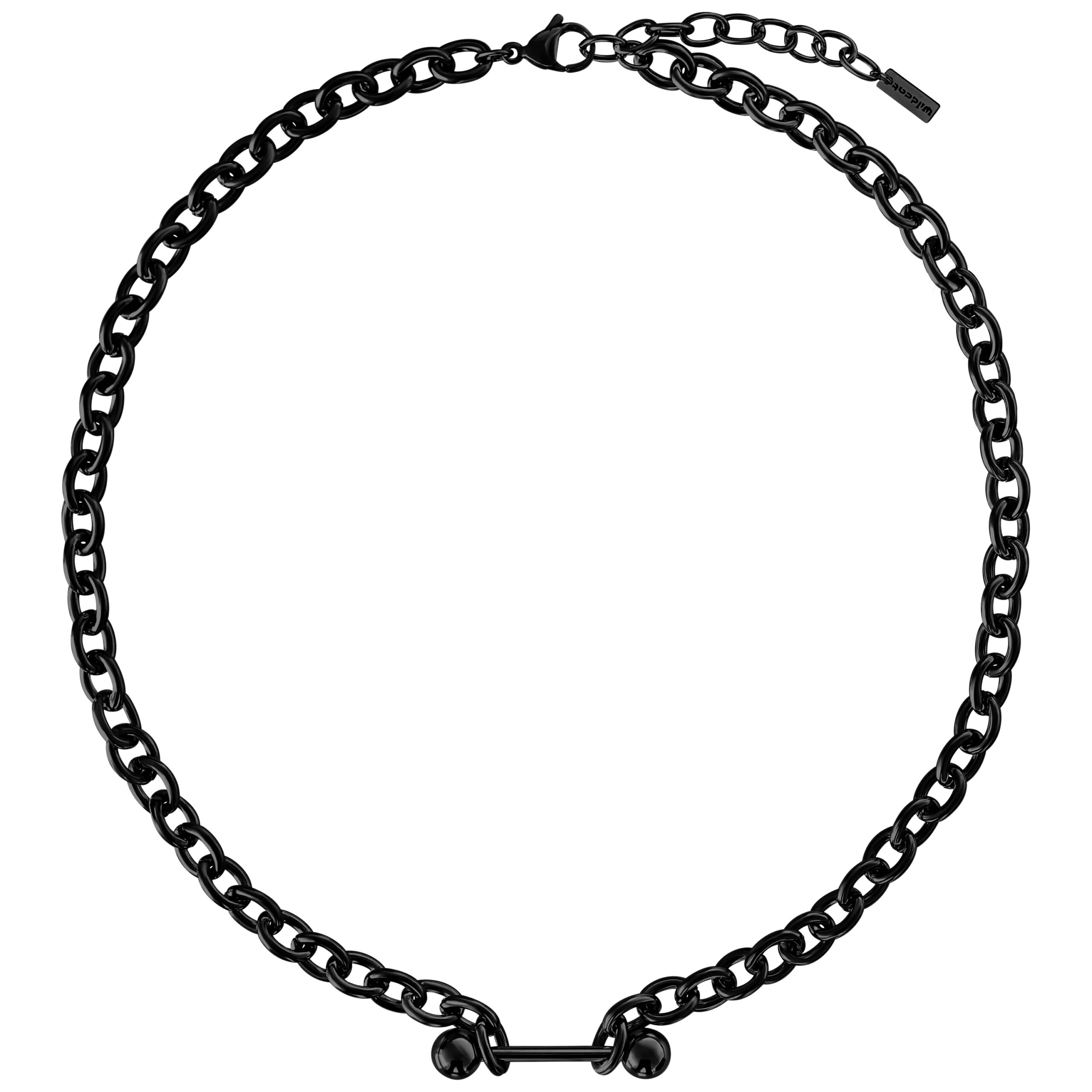 Collana nera con ciondolo a forma di bilanciere in acciaio chirurgico su sfondo bianco