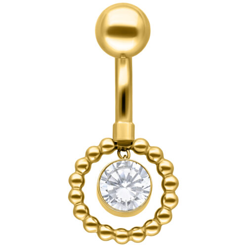 Goldenes Bauchnabelpiercing mit kristallklarem Stein und Ring auf weißem Hintergrund