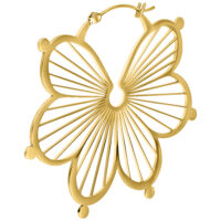 Goldene Flower Hoops Ohrringe aus Chirurgenstahl Goldene Flower Hoops Ohrringe aus Chirurgenstahl mit Klappverschluss auf weißem Hintergrund