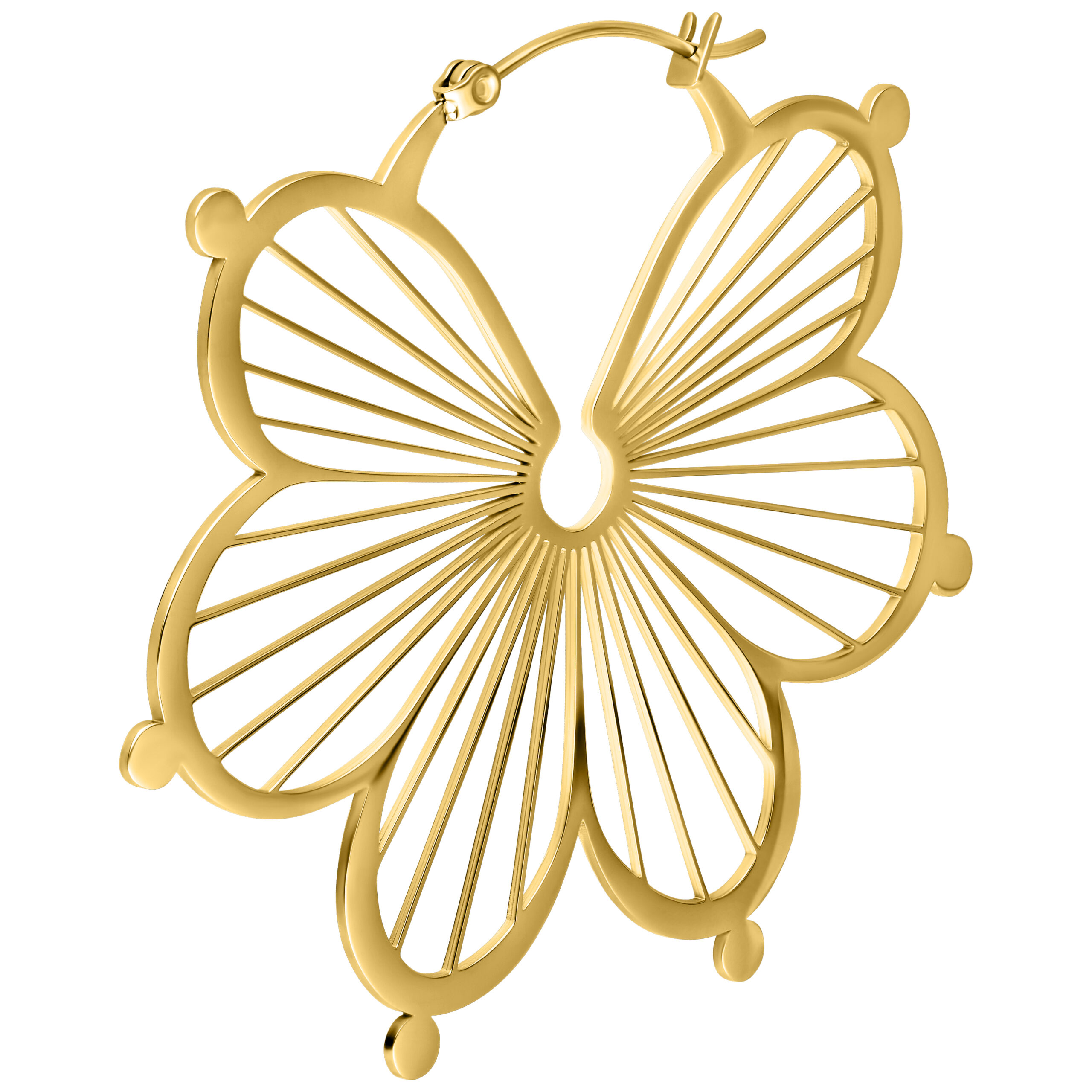 Goldene Flower Hoops Ohrringe aus Chirurgenstahl Goldene Flower Hoops Ohrringe aus Chirurgenstahl mit Klappverschluss auf weißem Hintergrund