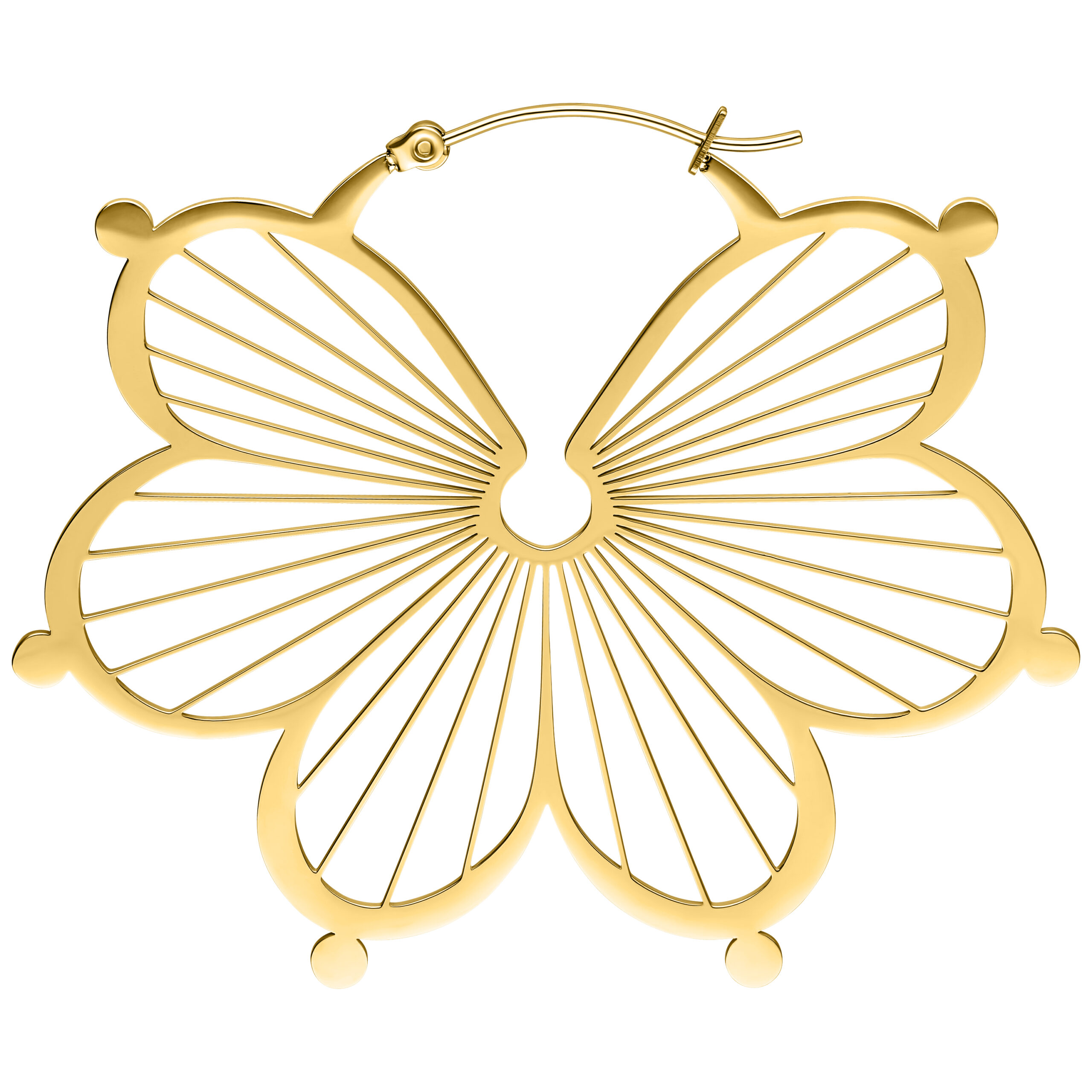 Goldene Flower Hoops Ohrringe Goldene Ohrringe in Blütenform auf weißem Hintergrund