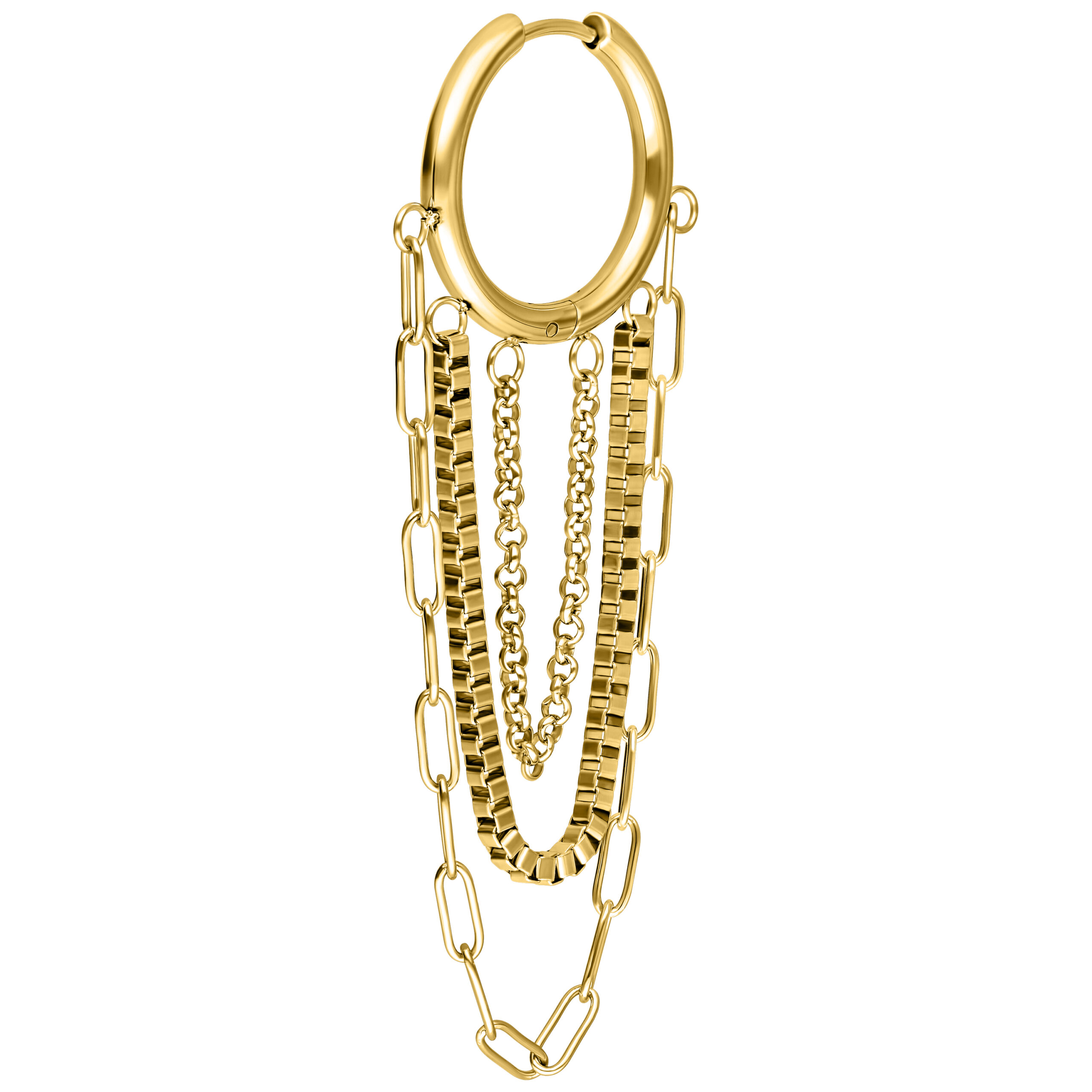 Goldene Multilayer Chain Hoops Ohrringe Goldene Ohrringe mit mehrlagigen Ketten auf weißem Hintergrund