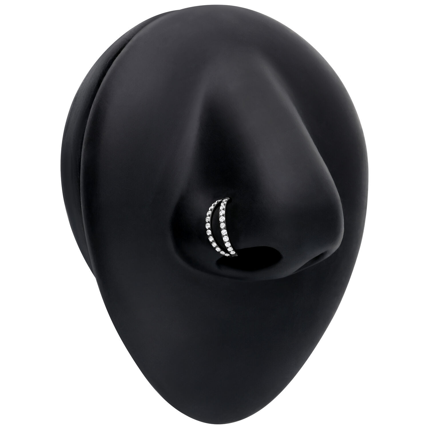 Clicker nero a doppia fila di cristalli su modello di naso su sfondo nero