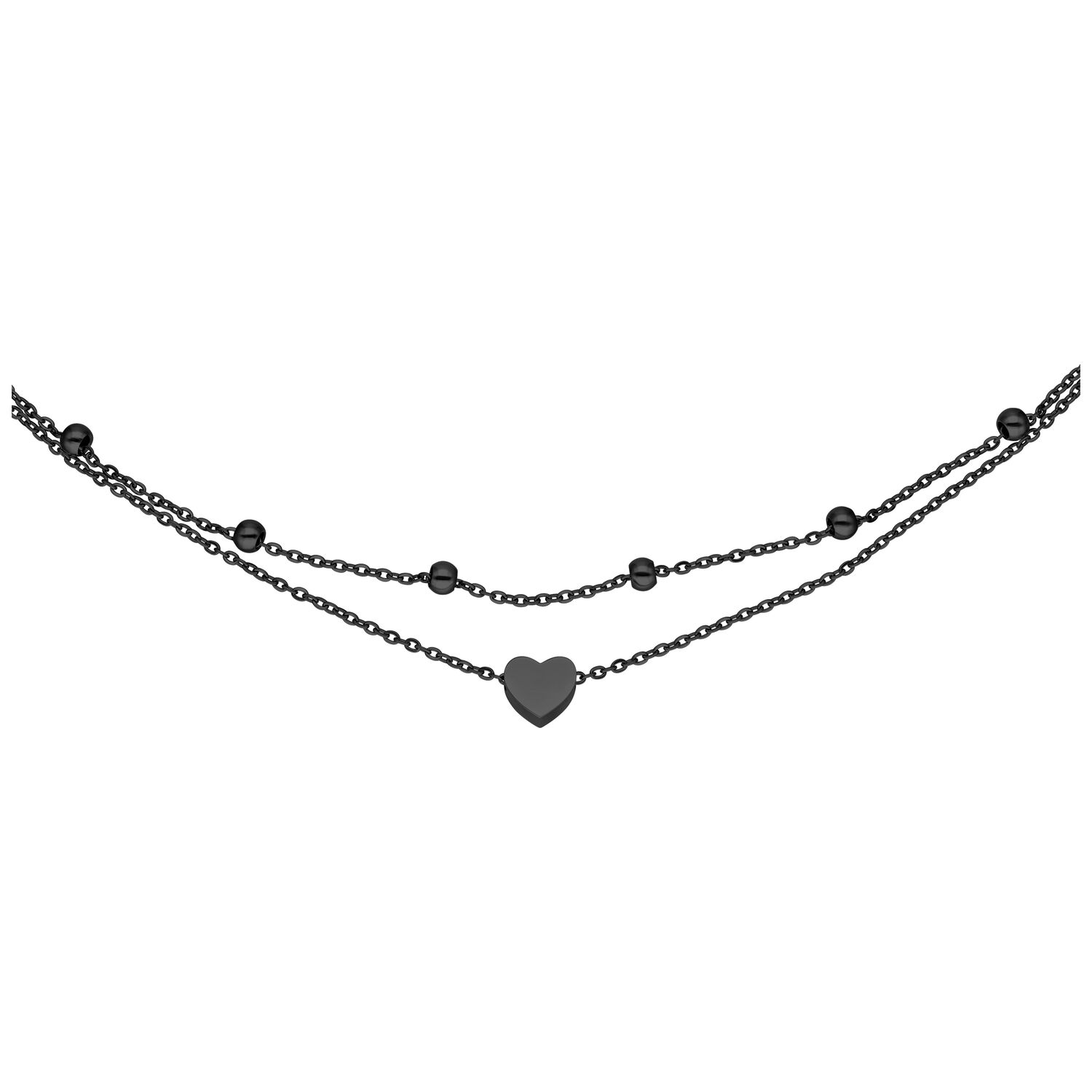 Bracciale a cuore a due fili nero in acciaio chirurgico su sfondo bianco