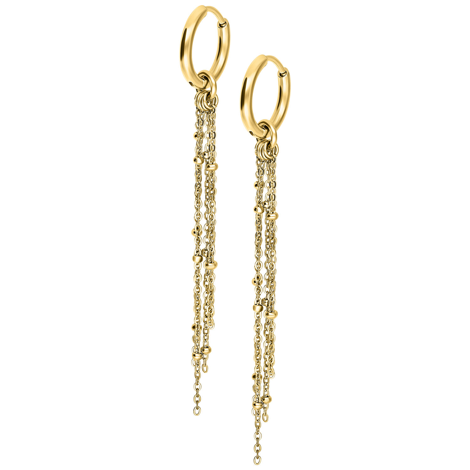 Goldene Ohrringe mit langen Kettendetails auf weißem Hintergrund
