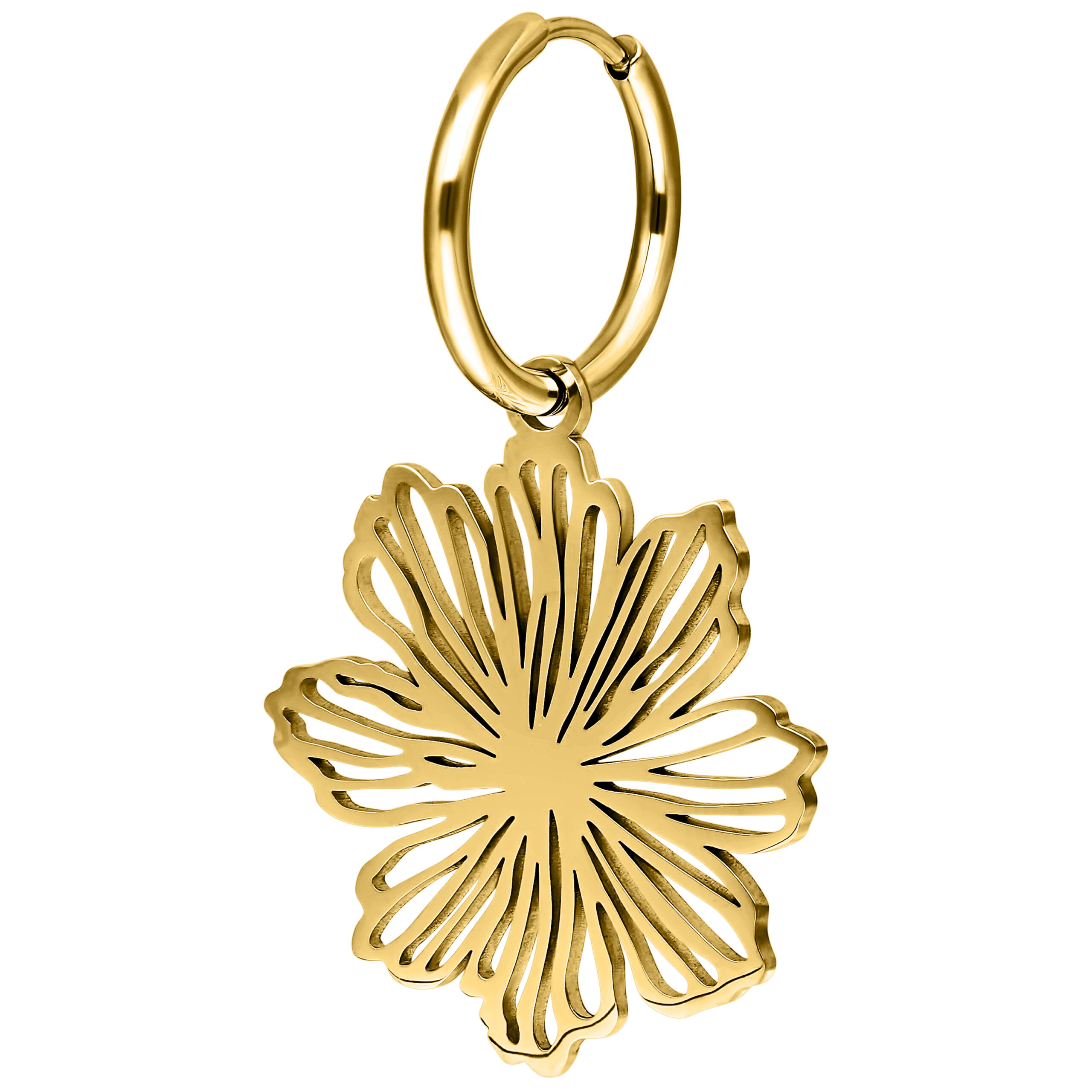 Goldene Ohrringe mit Blumenmotiv auf weißem Hintergrund