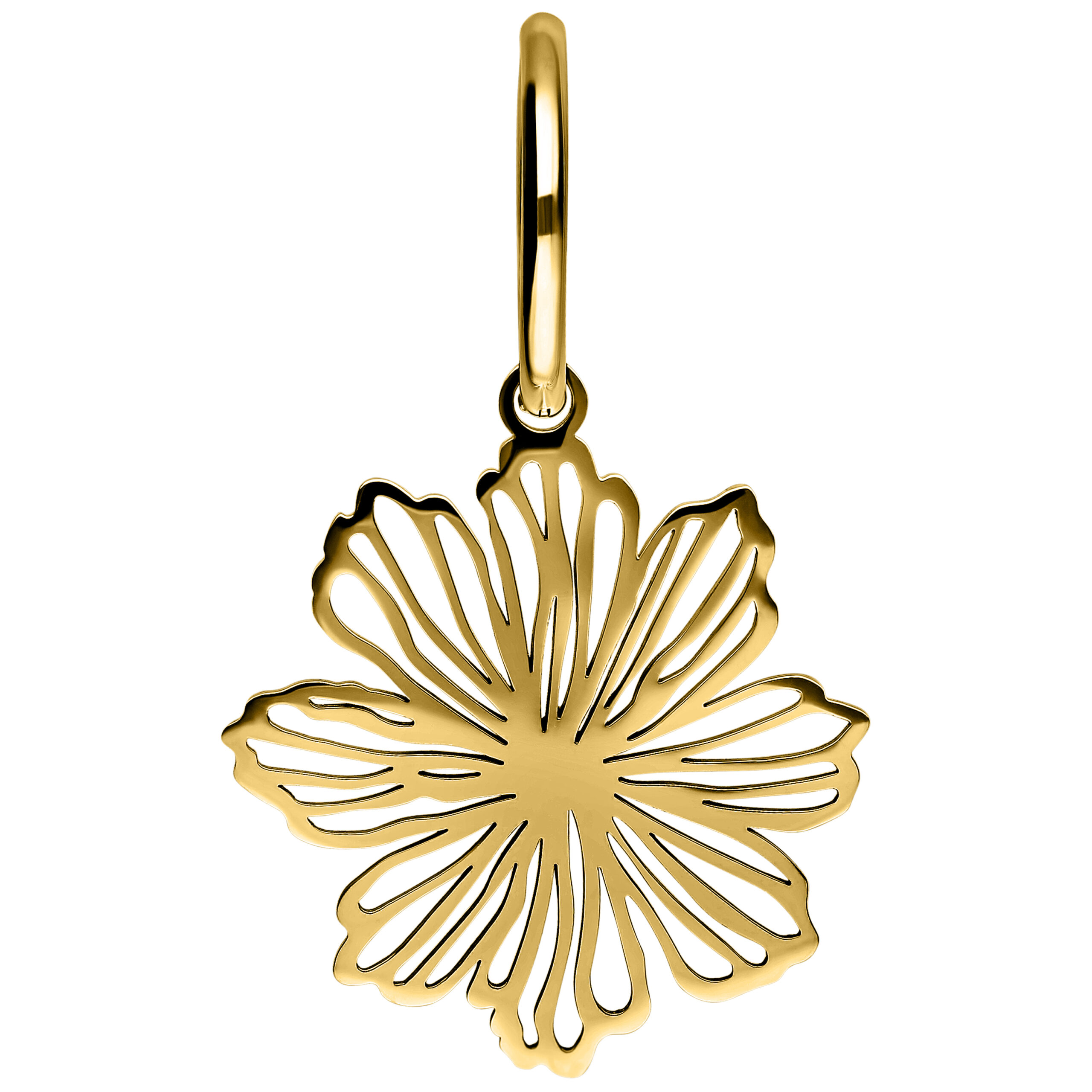 Goldene Creole in Blütenform aus Chirurgenstahl auf weißem Hintergrund