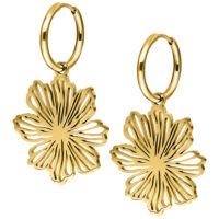 Zwei goldene Ohrringe in Blumenform auf weißem Hintergrund