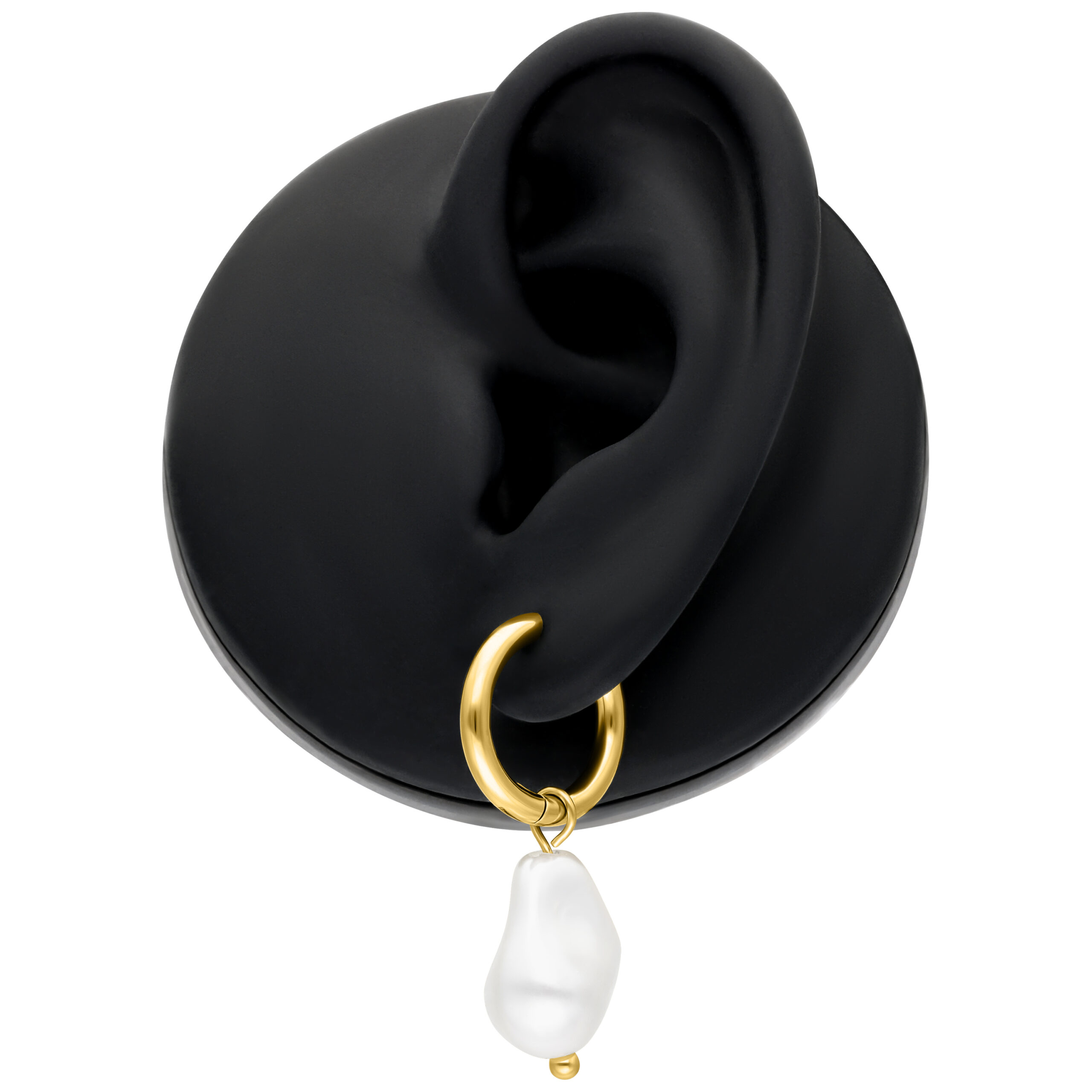 Barocke Perlenohrringe in Gold Goldene Barocke Perlenhoops an schwarzem Präsentationsständer