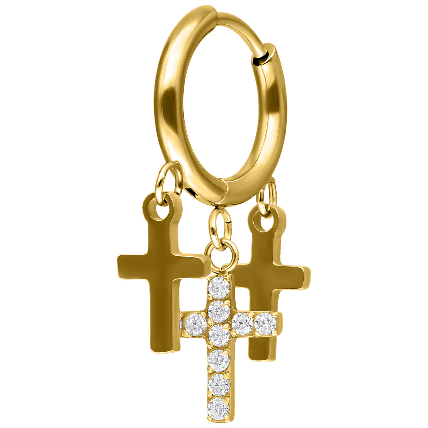 Goldene Creolen mit drei kleinen, hängenden Kreuzen auf weißem Hintergrund