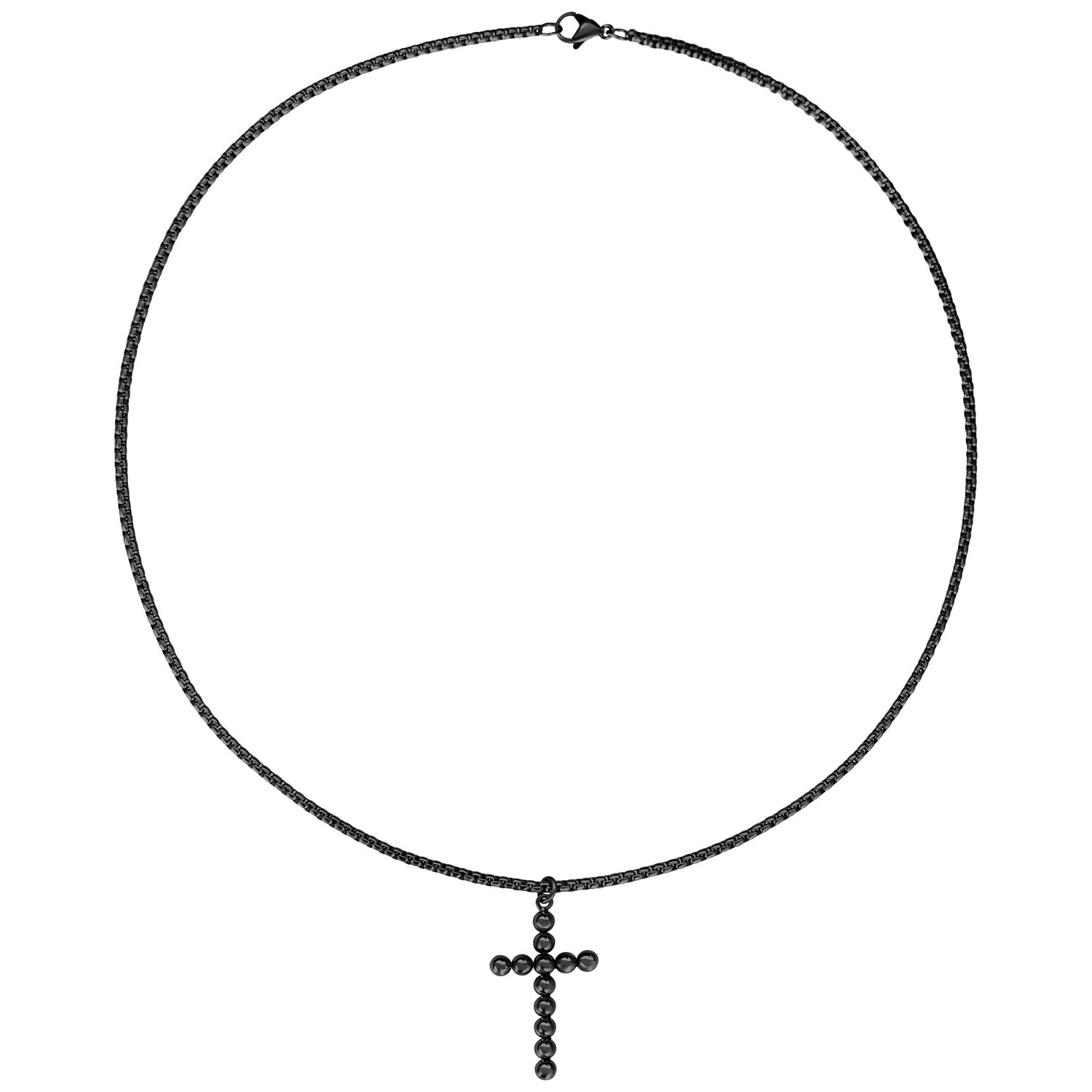 Collana con croce nera in acciaio chirurgico con struttura a bolle su sfondo bianco