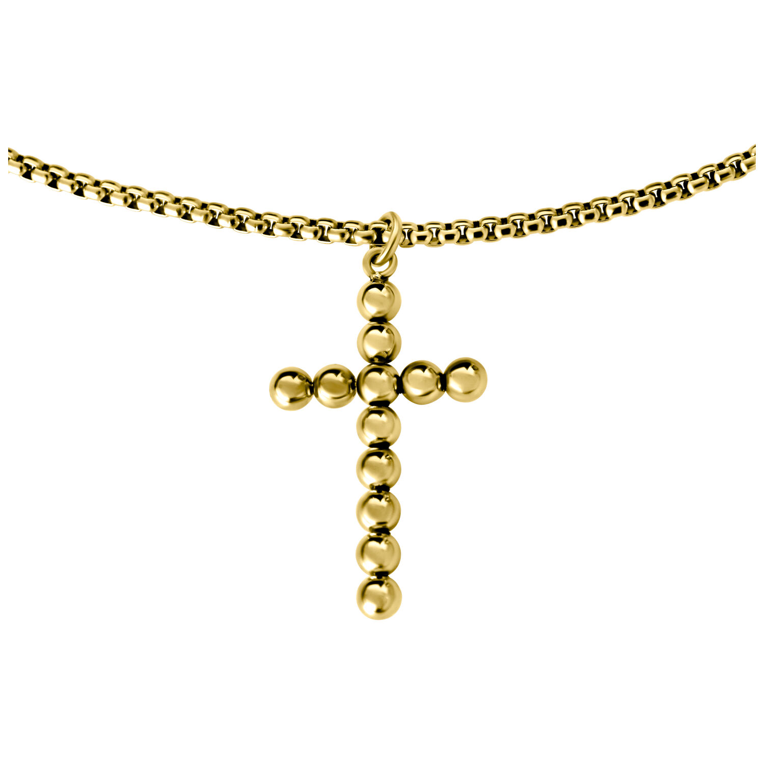 Bubble Cross Halskette aus goldenem Metall Goldene Kugelkreuz-Halskette auf weißem Hintergrund