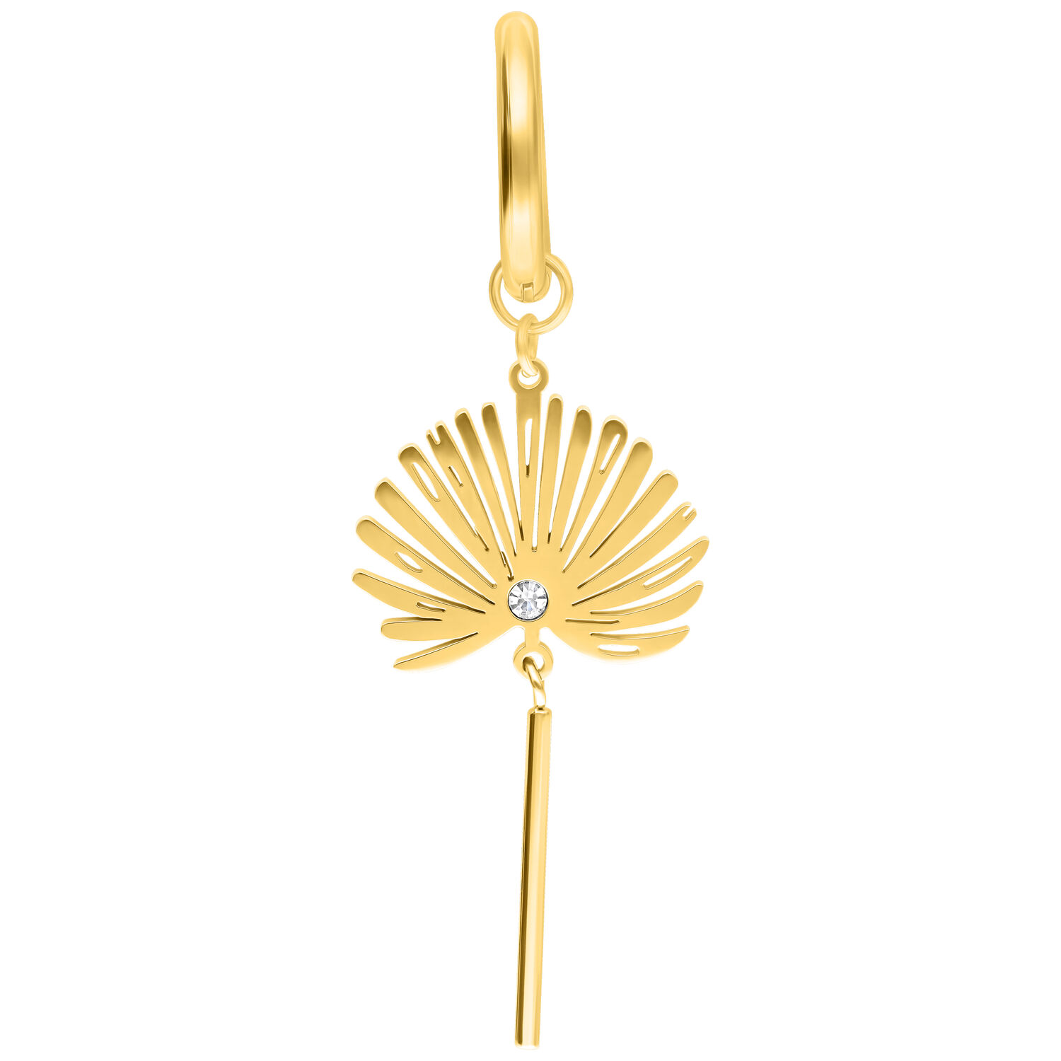 Goldene Ohrringe Little Petticoat Hoops mit Klappverschluss und Kristall auf weißem Hintergrund