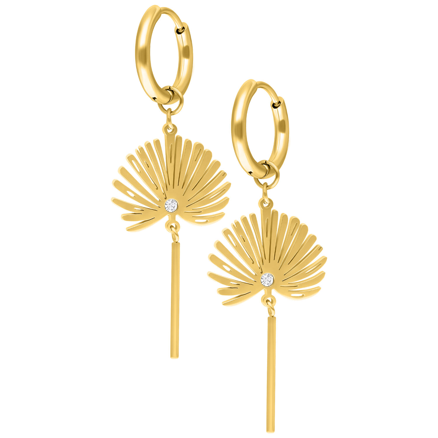 Zwei goldene Creolen mit fächerförmigem Anhänger und klarem Kristall auf weißem Hintergrund
