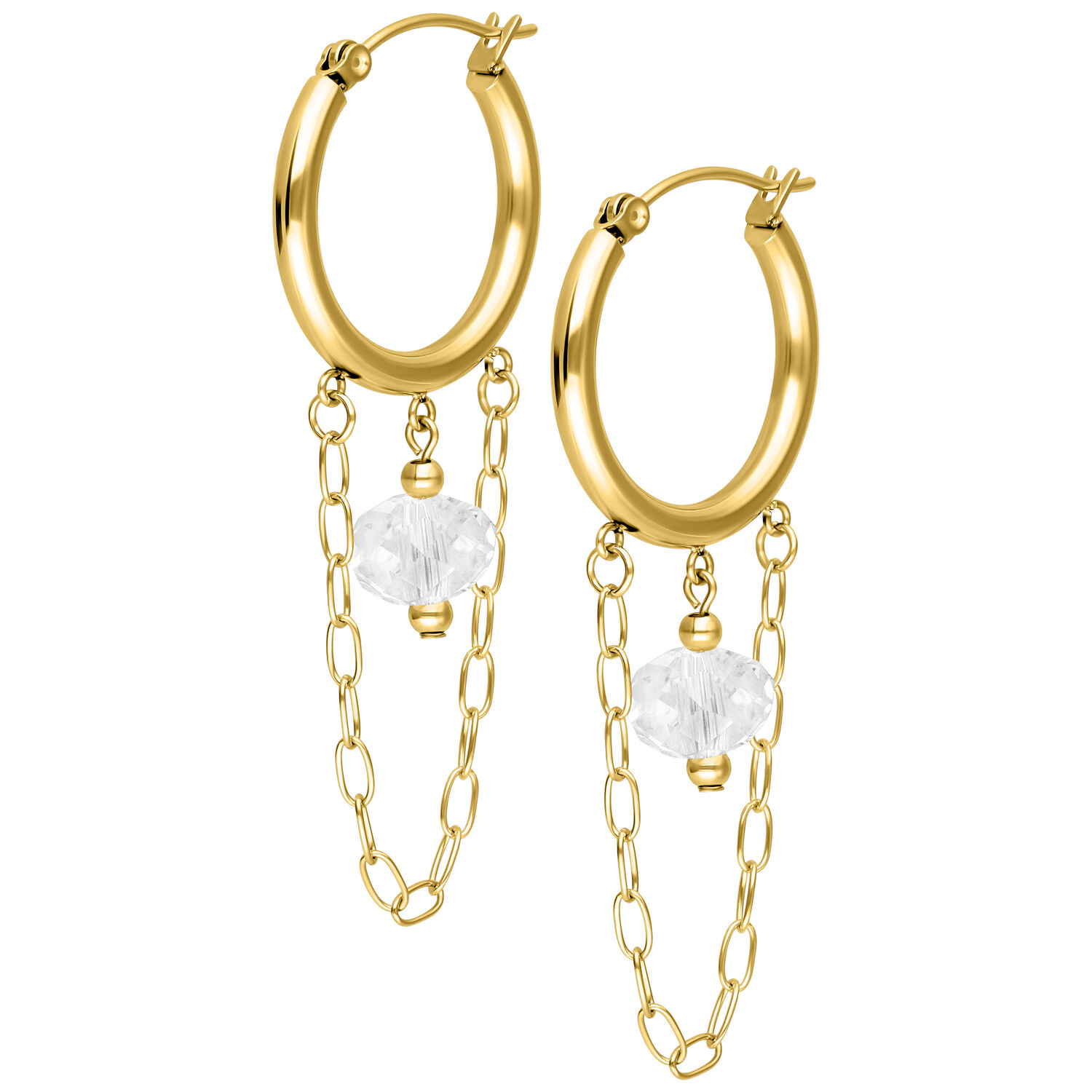 Goldene Creolen mit weißen Steinen und Kettenanhänger vor weißem Hintergrund