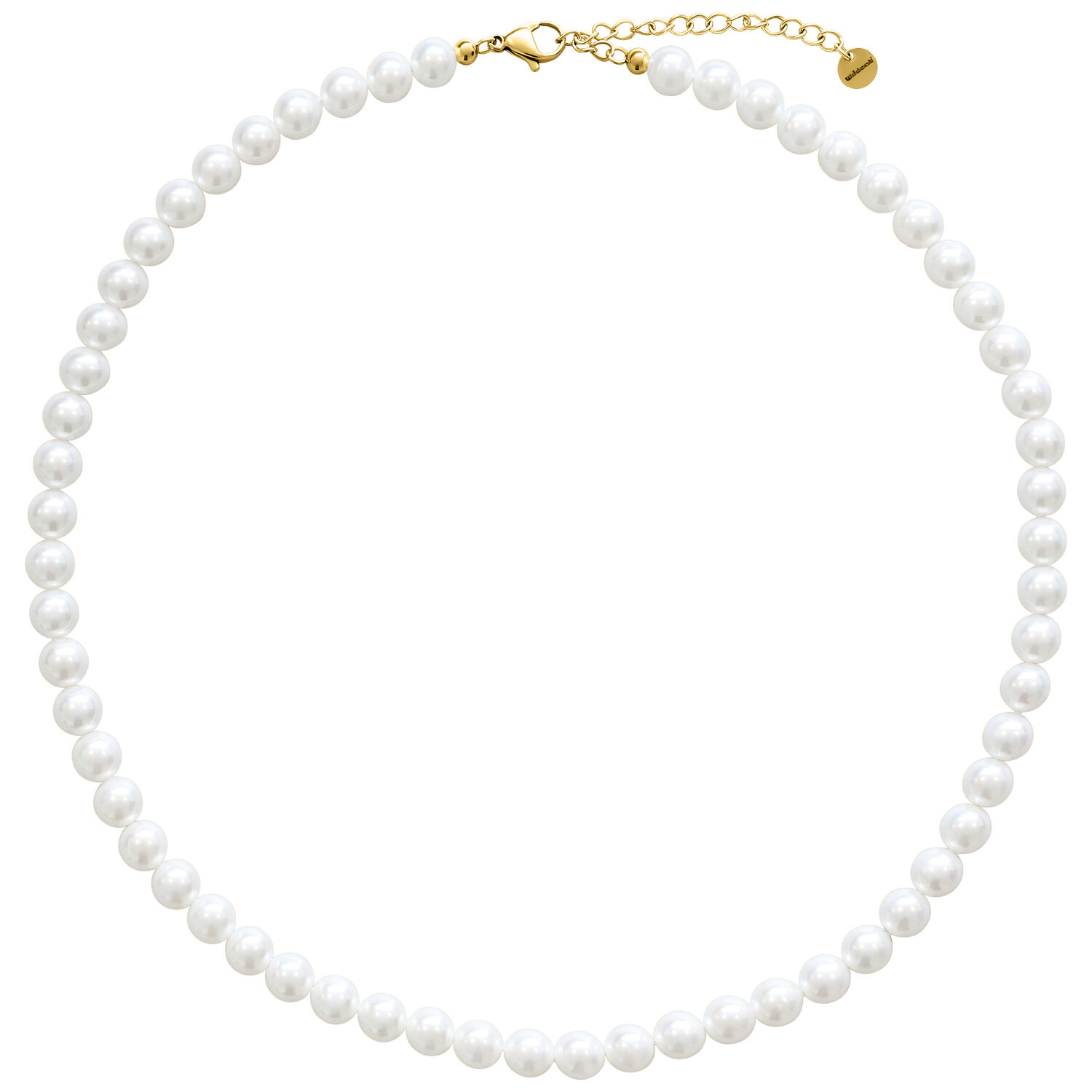 Kette aus großen, synthetischen Perlen mit goldfarbenem Verschluss auf weißem Hintergrund