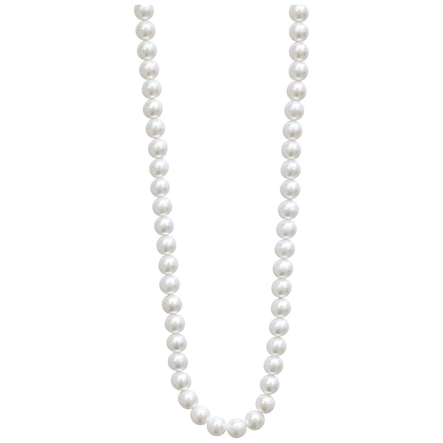 Lange Perlenkette mit großen synthetischen Perlen und goldenen Metallakzenten auf weißem Hintergrund