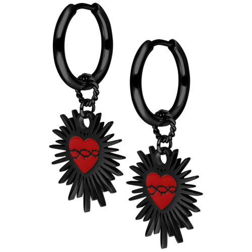 Enamel Sacred Heart Barbed Wire Hoops Pair - Nero