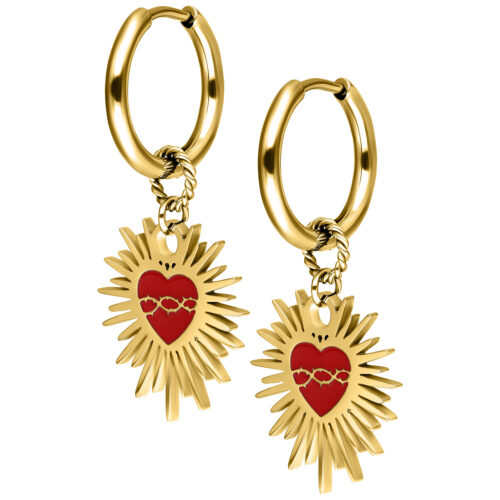 Enamel Sacred Heart Barbed Wire Hoops Pair - Oro