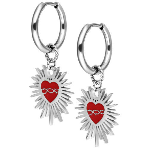 Enamel Sacred Heart Barbed Wire Hoops Pair - Argento