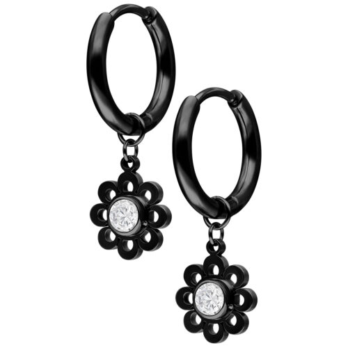 Mini Crystal Flower Hoops Pair - Nero