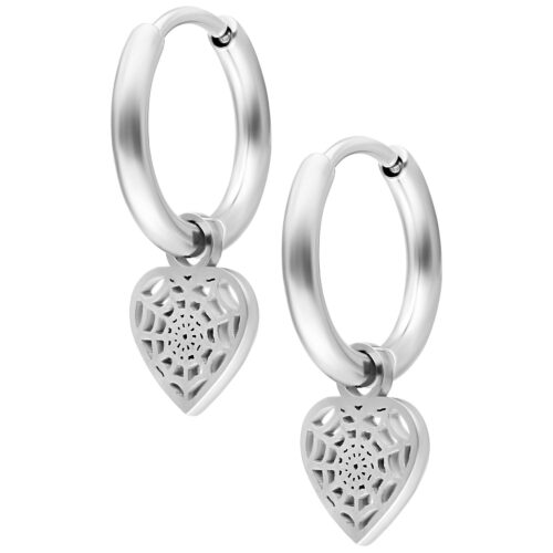 Mini Spiderweb Heart Hoops Pair - Argento