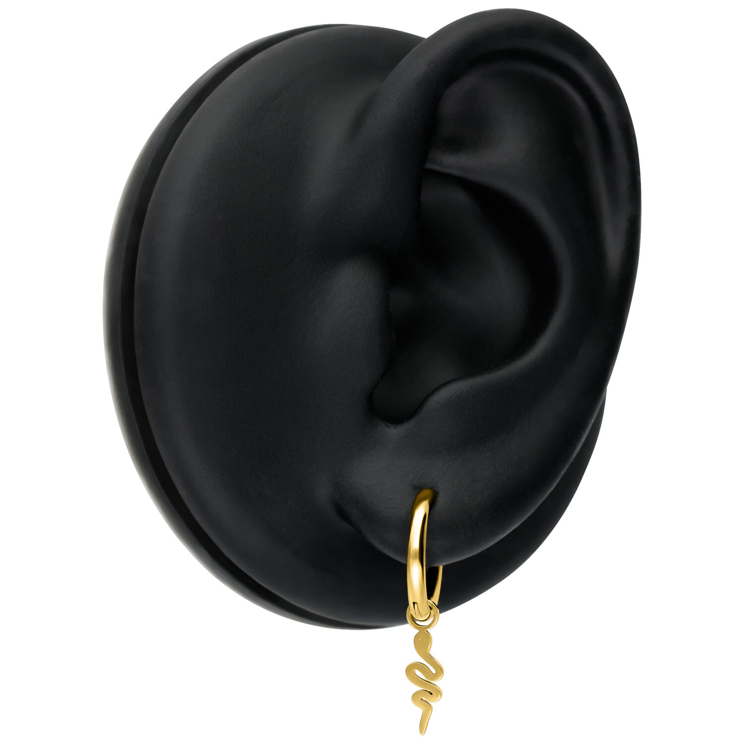 Goldene Mini Snake Hoop Ohrringe an schwarzem Ohr-Modell