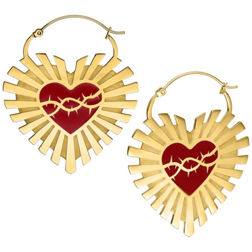 Barbed Wire Sacred Heart Hoops Pair - Oro