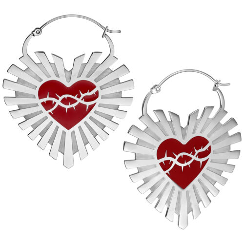 Barbed Wire Sacred Heart Hoops Pair - Argento