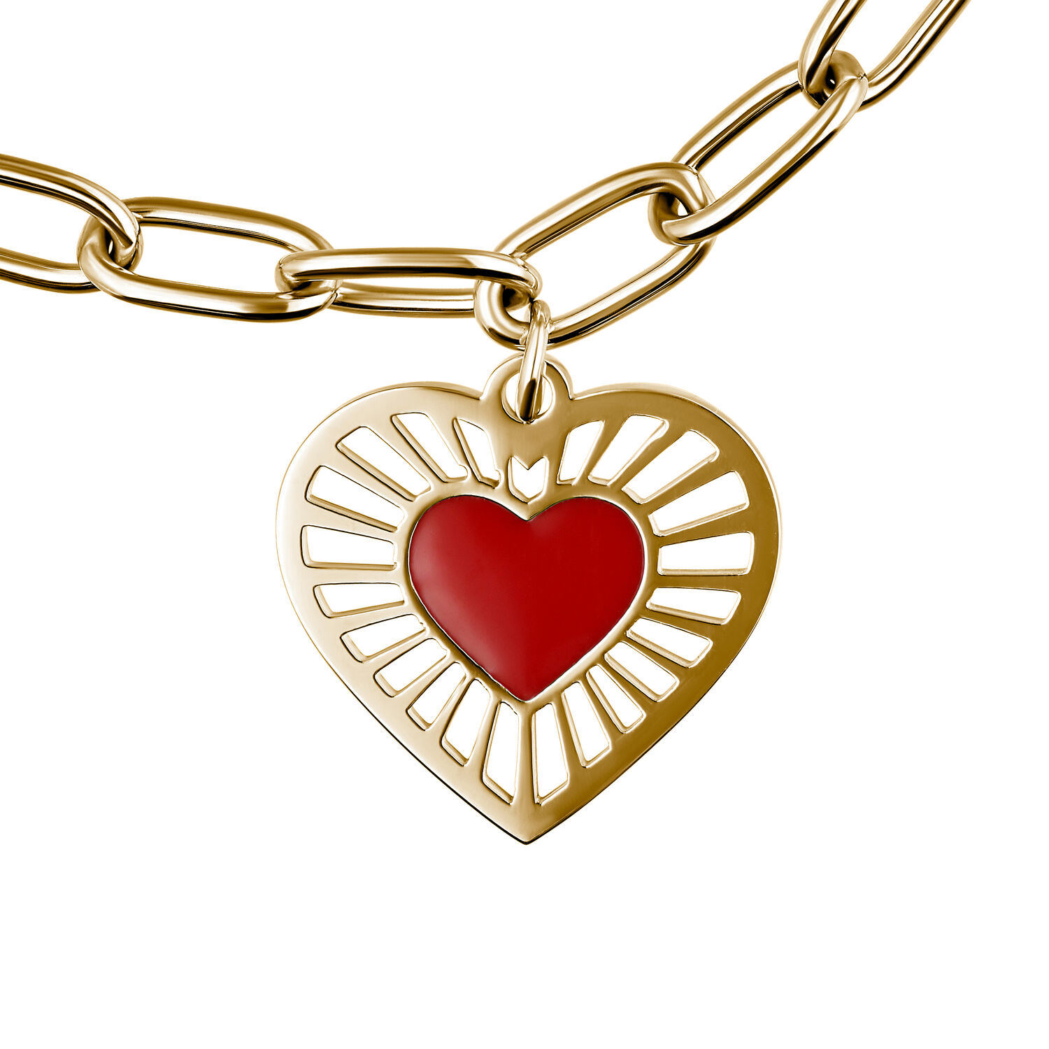 Golden Sacred Heart Armband mit rotem Herz Goldenes Armband mit rotem Herzanhänger auf weißem Hintergrund