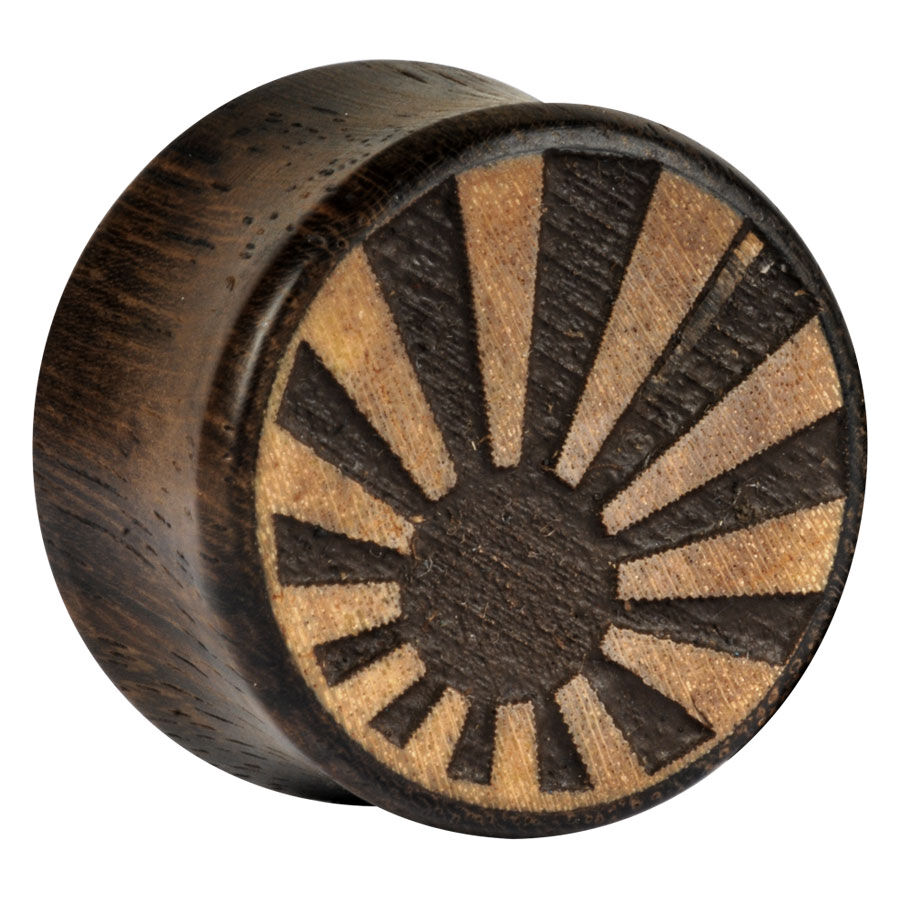Plug in legno con motivo solare giapponese, Earganic Plug rotondo in legno con motivo solare giapponese inciso su sfondo neutro