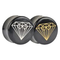 Wildcat Diamond Plug in Gold und Platin Zwei runde schwarze Hornplugs mit goldenen und platinfarbenen Diamantmotiven auf weißem Hintergrund