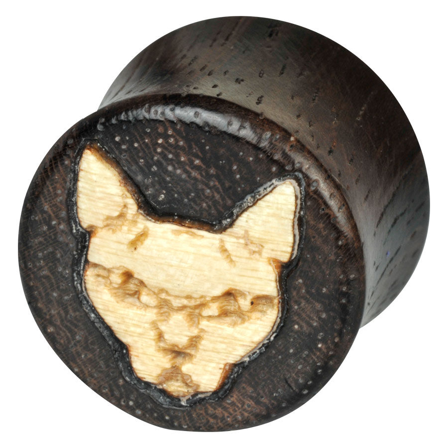 Plug in legno con motivo gatto di Wildcat Plug in legno con testa di gatto intagliata, legno scuro, forma rotonda