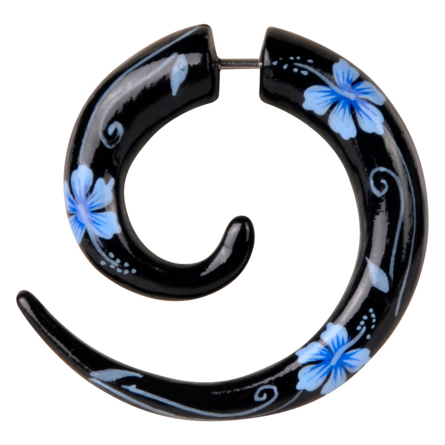 Spirale di legno nera con motivi floreali blu su sfondo bianco